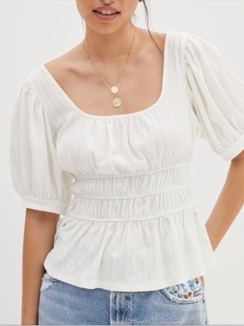 Maeve Women's White Puff-Sleeve Smocked Peplum Top